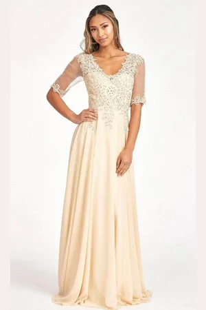 Elizabeth K GL1982 - Applique-Ornate Quarter Sleeve Evening Dress