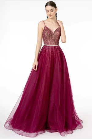 Elizabeth K GL2991 Embellished Deep V-Neck A-Line Dress