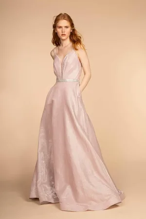 Elizabeth K GL2504 Pleated Plunging Bodice Glitter Long Gown