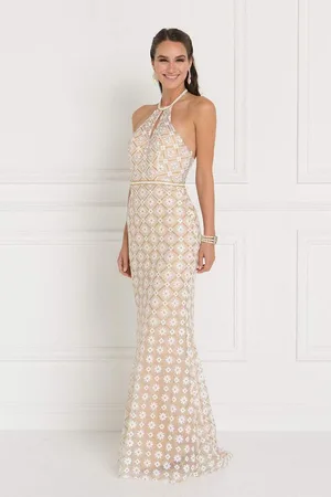Elizabeth K GL1548 Beaded Halter Tulle Sheath Dress