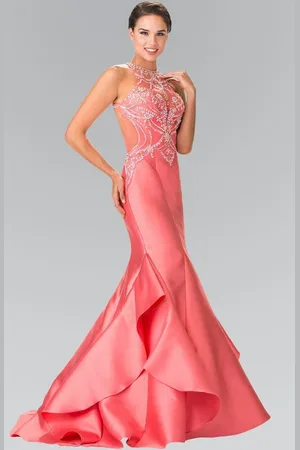 Elizabeth K GL2357 Beaded Halter Ruffled Mermaid Gown
