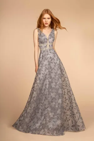 Elizabeth K GL2580 Jewel-Studded Plunging V-Neck Long Gown