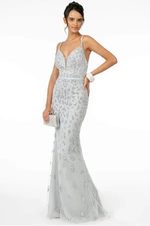 Elizabeth K GL2917 Illusion Deep V-Neck Glitter Mesh Long Gown