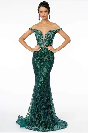 GLS by Gloria GL1818 Plunging Off Shoulder Jeweled Mermaid Gown