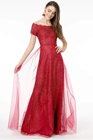Elizabeth K GL2942 Glitter Print Off-Shoulder A-Line Dress