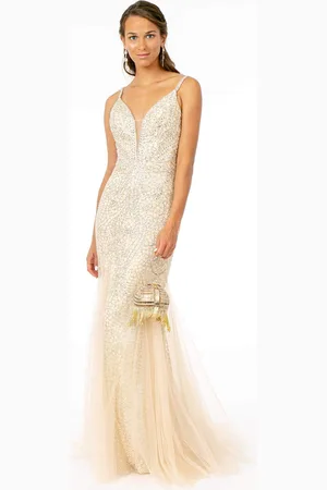 GLS by Gloria GL1842 Plunging Beaded Metallic Tulle Trumpet Gown