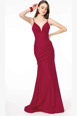 Elizabeth K GL1815 Spaghetti Strap Draped Ornate Mermaid Dress