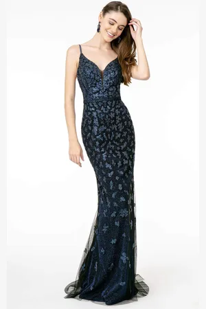 Elizabeth K GL2917 Illusion Deep V-Neck Glitter Mesh Long Gown