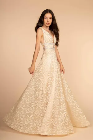Elizabeth K GL2580 Jewel-Studded Plunging V-Neck Long Gown