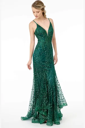 Elizabeth K GL2938 Glitter Plunging V-Neck Mermaid Dress