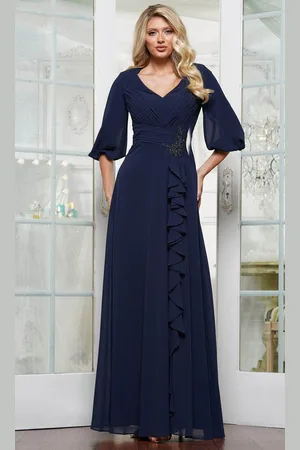 Rina Di Montella RD3119 - Puff Sleeve Cascading Ruffle Formal Gown