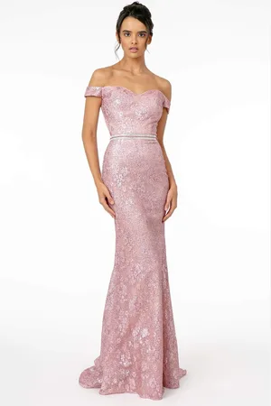 Elizabeth K GL1829 Off Shoulder Jeweled Waist Glitter Gown