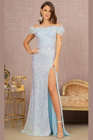 Elizabeth K GL3164 - Off-Shoulder Feather Detailed Neckline Prom Dress