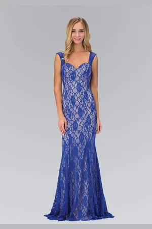 Elizabeth K GL1396 Long Contrast Lace Sheath Gown