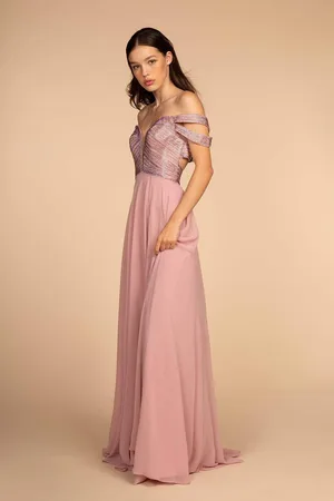 Elizabeth K GL2527 Jeweled Bodice Plunging Off Shoulder Gown