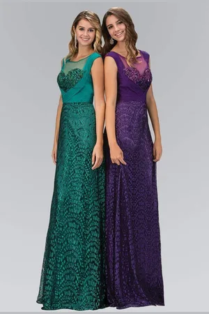 Elizabeth K GL1089 Embellished Cap Sleeve Illusion Bateau Dress
