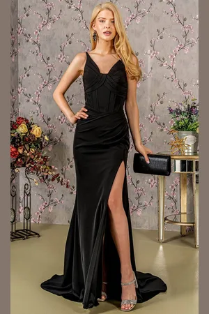 GLS by Gloria GL3457 - Pleated V-Neck Evening Dress
