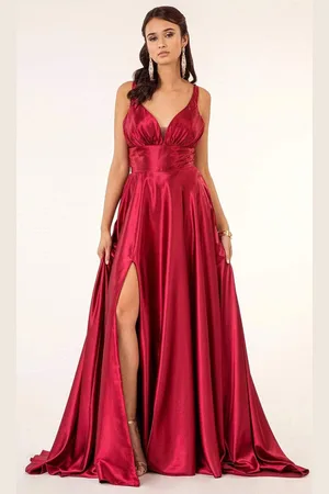 Elizabeth K GL2963 Deep V-Neck Satin A-Line Dress with Slit