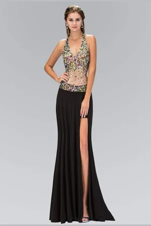 Elizabeth K GL1070 Jeweled Halter Neck Jersey Trumpet Dress