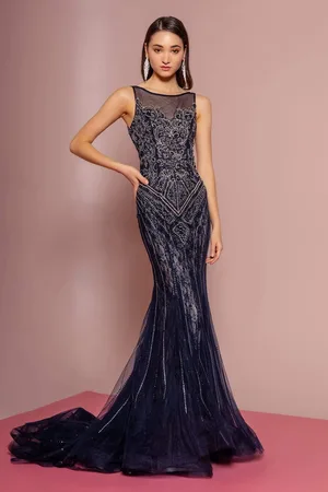 GLS by Gloria GL2685 Lace Bateau Mermaid Dress With Train