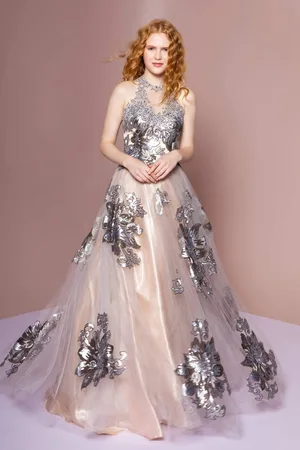 GLS by Gloria GL2655 Gold Embellished Halter Evening Gown