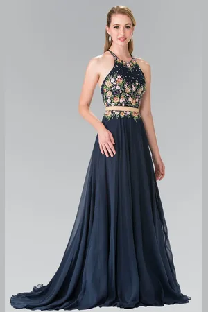 Elizabeth K GL2340 Embellished Halter Neck Chiffon A-Line Dress
