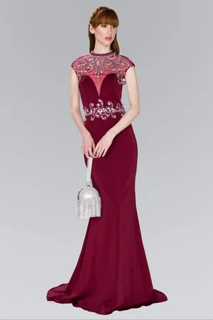 Elizabeth K GL2426 Cap Sleeve Bejeweled High Neck Trumpet Gown