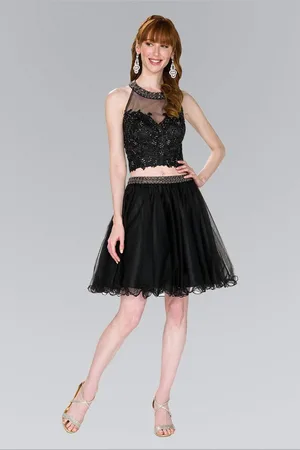 Elizabeth K GS2398 Two Piece Applique Halter Tulle A-line Dress