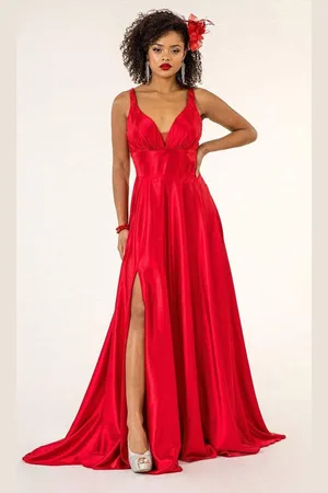 Elizabeth K GL2963 Deep V-Neck Satin A-Line Dress with Slit
