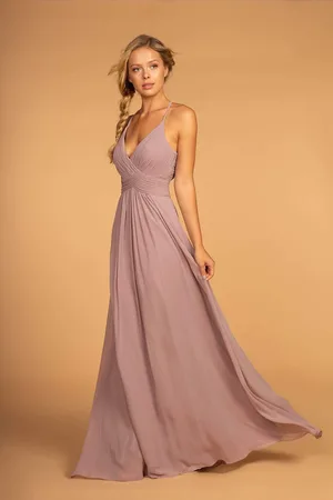 Elizabeth K GL2609 Plunging V-Neck Pleated Bodice A-Line Gown