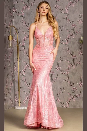 GLS by Gloria GL3201 - Plunging V-Neck Sequins Evening Dress