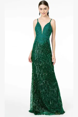 GLS by Gloria GL1824 Plunging Sequin Fringed Sheath Gown