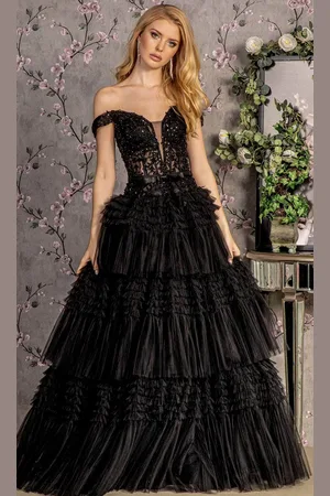 GLS by Gloria GL3391 - Off-Shoulder Tiered Evening Dress