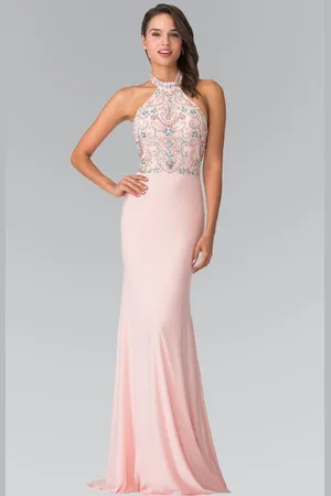 Elizabeth K GL2279 Beaded Halter Neck Rome Jersey Sheath Dress