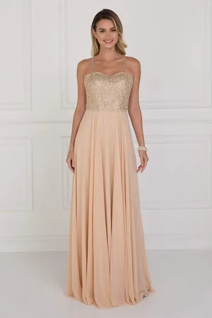 Elizabeth K GL1571 Gold Embroidered Sweetheart Chiffon A-line Dress