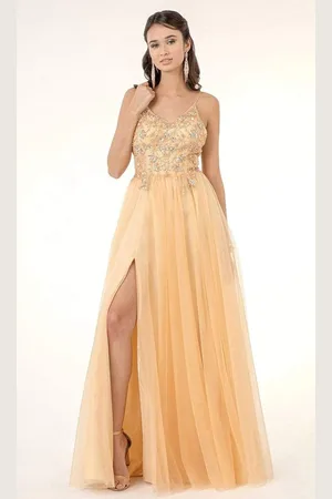 GLS by Gloria GL2983 Embellished V Neck Mesh A-line Dress