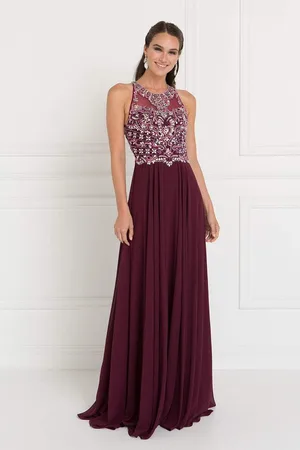Elizabeth K GL1564 Bedazzled Illusion Halter Chiffon A-line Dress