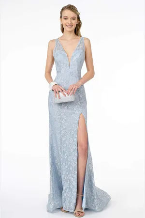 Elizabeth K GL2898 Strappy Open Back Glitter High Slit Gown