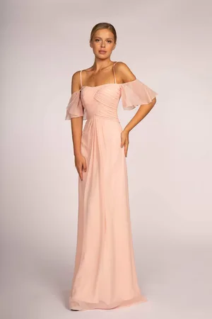 Elizabeth K GL2615 Pleated Straight Across Neck Chiffon Dress
