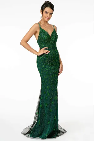 Elizabeth K GL2917 Illusion Deep V-Neck Glitter Mesh Long Gown