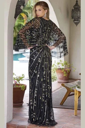 Primavera Couture 12189 - V-Neck Cape Sleeve Sequin Evening Gown