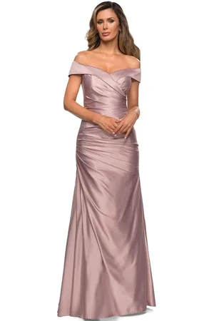 La Femme 28103 Off Shoulder Pleated Satin Evening Gown
