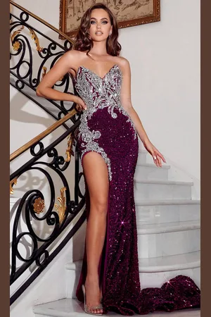 Portia and Scarlett PS23645 - Bejeweled High Slit Prom Gown