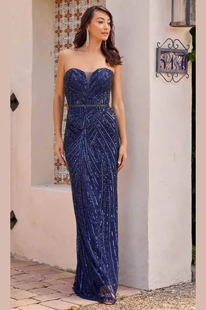 Primavera Couture 13141 - Plunging V-Neck Beaded Evening Gown