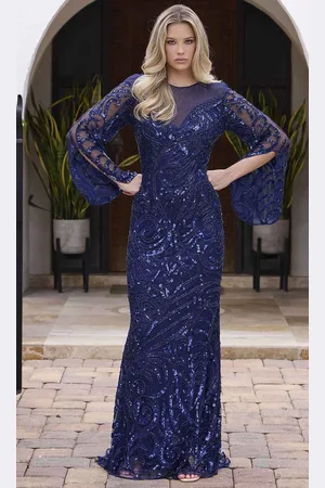 Primavera Couture 12174 - Sequined Illusion Jewel Neckline Prom Gown