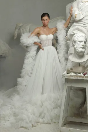TARIK EDIZ 98032 Strapless Tulle Ruffled A-Line Gown