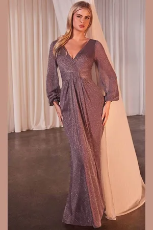 Ladivine CK2141 - Bishop Sleeve Metallic Prom Dress