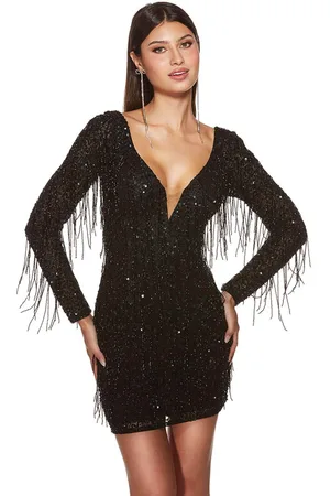 Alyce Paris 4873 - Fringes Plunging V-Neck Cocktail Dress
