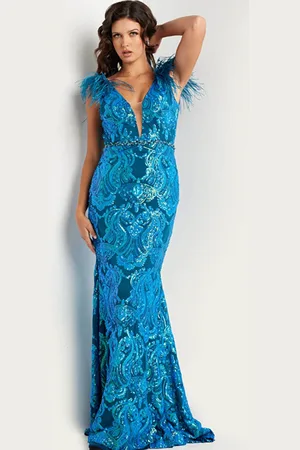 JOVANI 38758 - Feather Sequined Long Gown