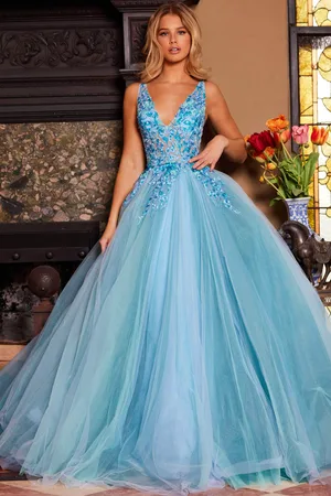JOVANI 23577 - Floral Lace V-Neck Ballgown